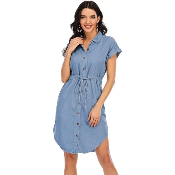 Women's Denim Cotton Shirt Dress Short Sleeves Knee Length Casual Fashion - Picture 3 of 6